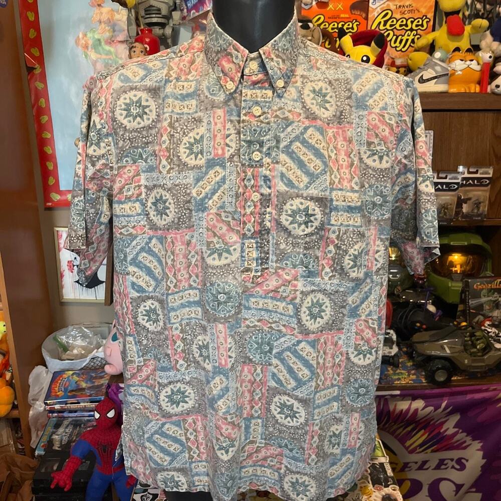 Reyn Spooner Hawaiian Vintage 90s Quarter Button Art Button Up Size XL